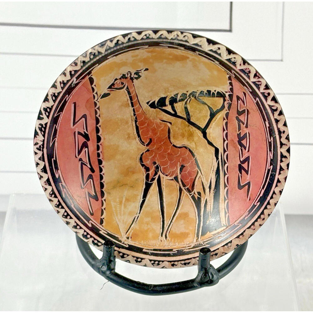 Vintage 4" Trinket Bowl Hand Painted Etching Soap Stone Kisii Kenya African